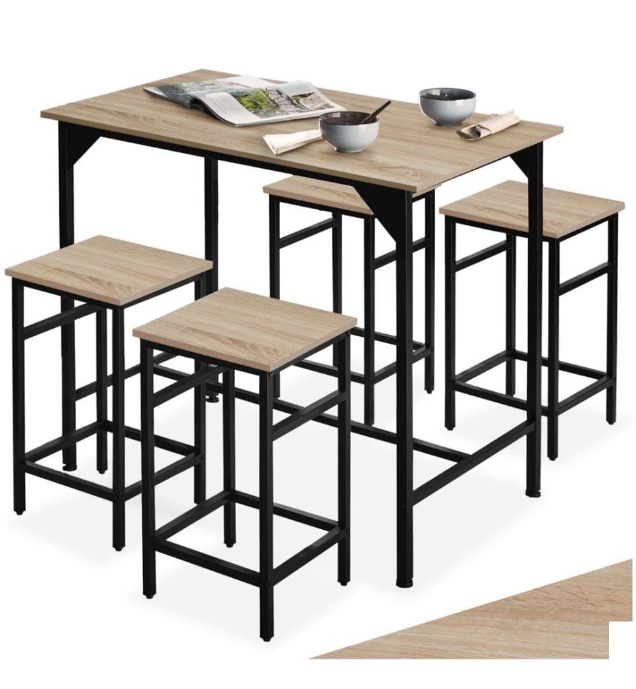 Ensemble table de bistrot EDINBURGH 1 table 4 tabourets de bar - Bois clair industriel, Chêne Sonoma