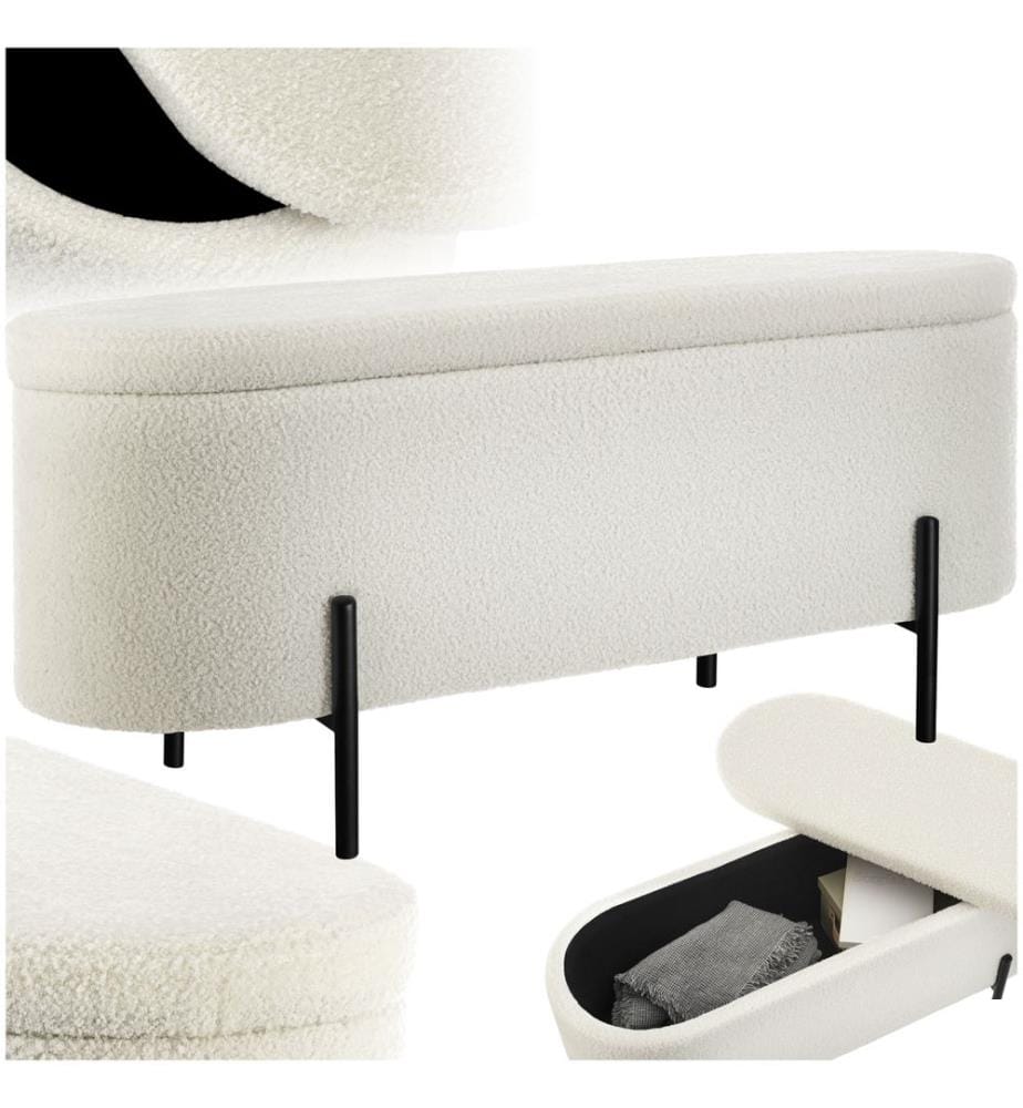 Banc LANJA rembourré, en tissu bouclé et avec espace de rangement - Bouclé crème blanc