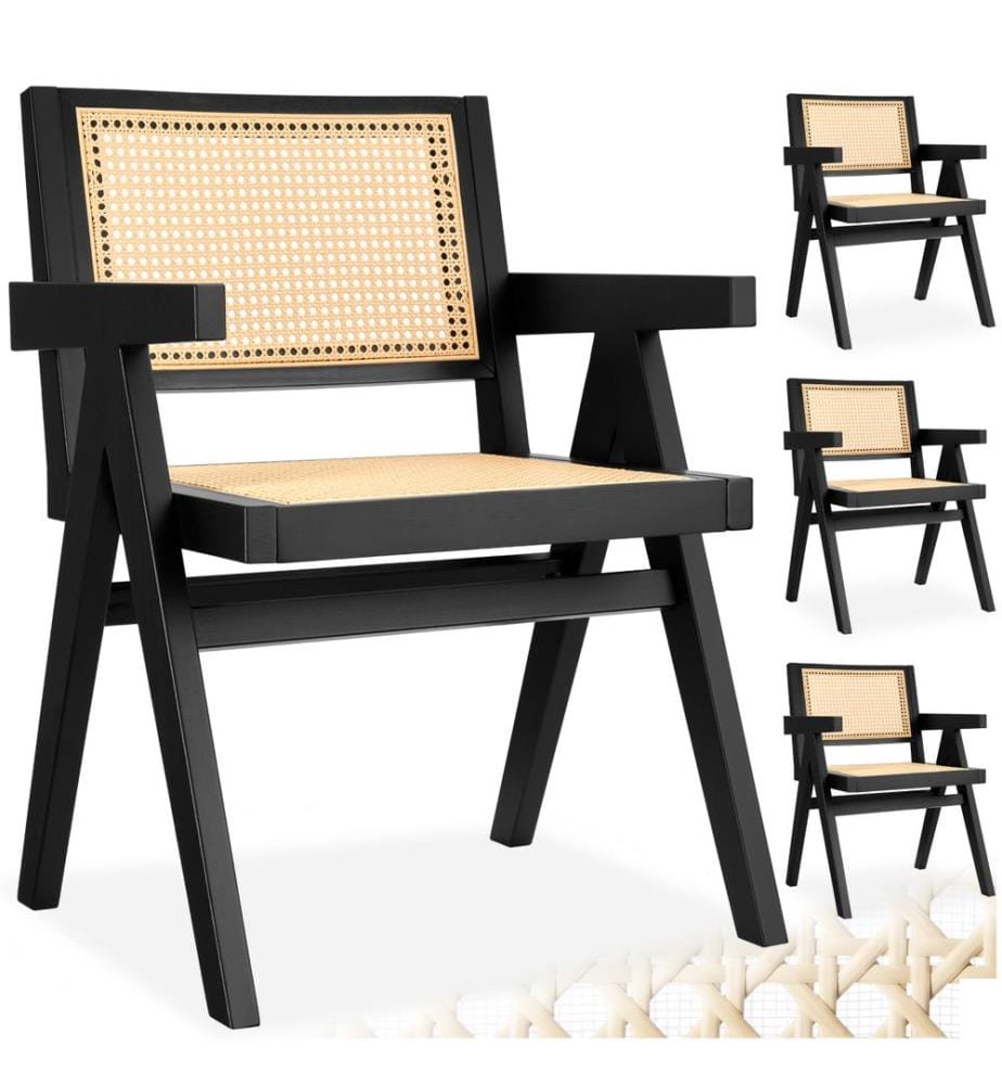 Chaise de salle à manger LISSY avec cannage viennois au style bohème - noir, Lot de 4