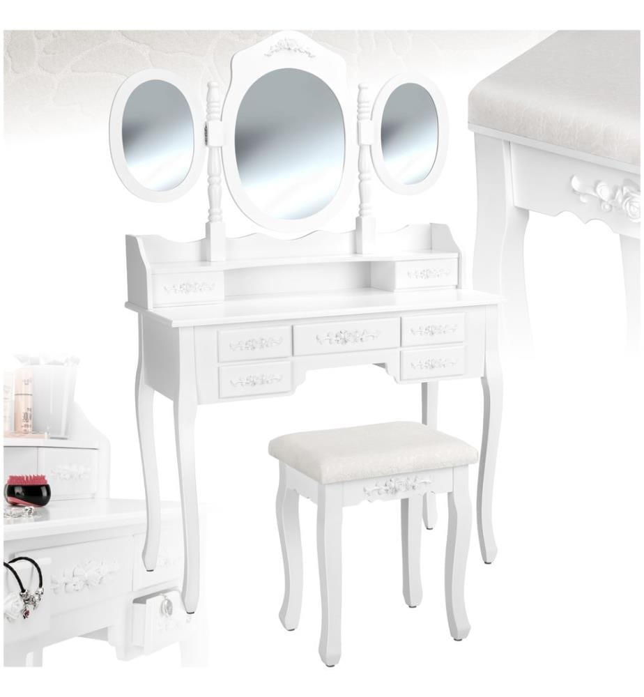 Coiffeuse avec 3 miroirs 7 tiroirs - blanc
