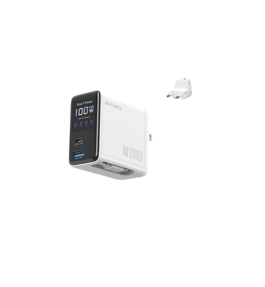 4SMARTS - Chargeur GaN Flex Screen AI 100W 2 USB-C+1 USB-A , blanc
