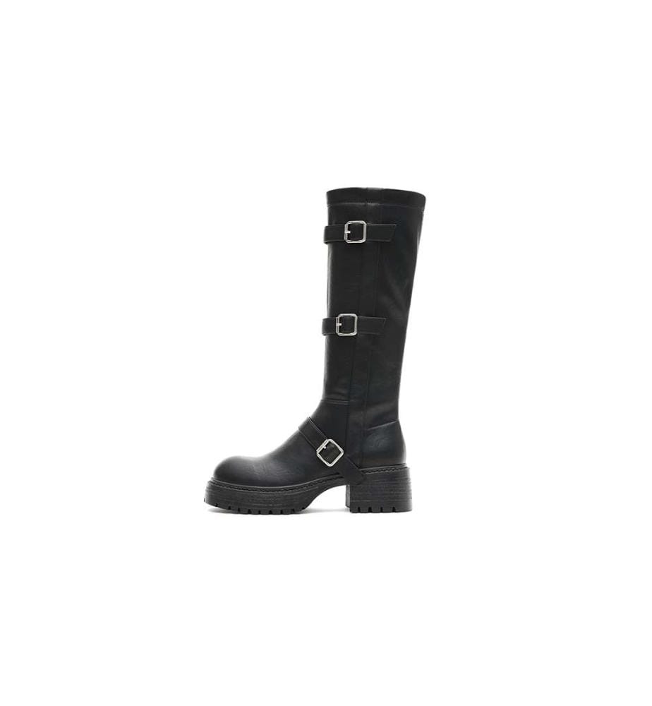 Bottes en cuir à triple boucle pour le genou - Noir
