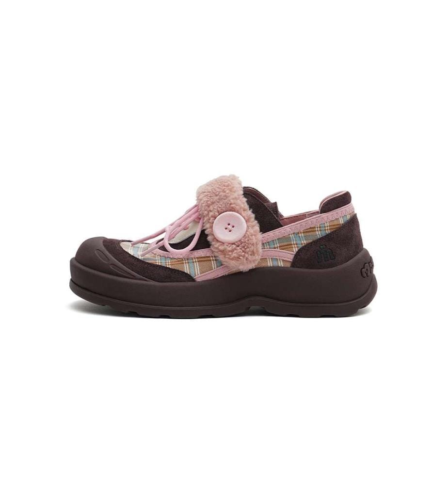 Baskets chunky en sherpa à carreaux - Chaussures à lacets douillettes - Rose