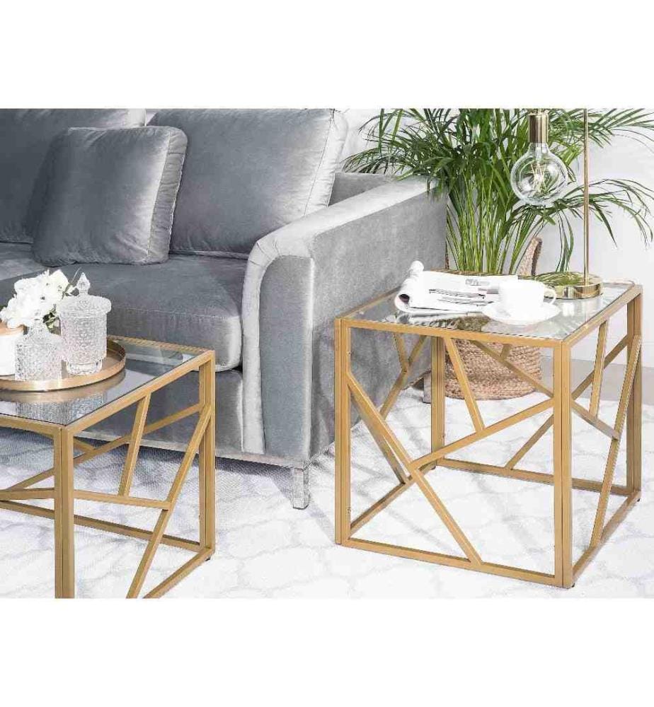 Table d'Appoint Carrée avec Plateau en Verre et Cadre en Métal Doré pour Salon ou Chambre au Style Moderne et Glamour