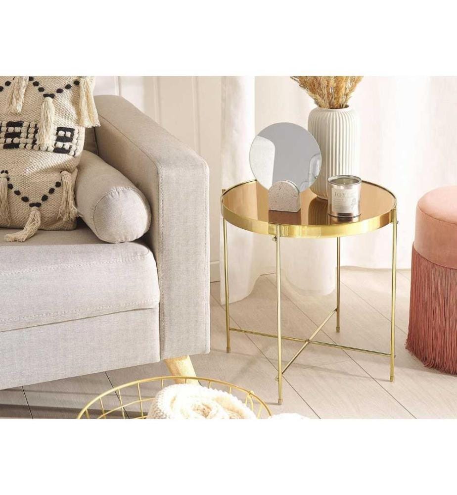 Bout de Canapé Table d'Appoint Ronde 40 cm en Verre et Acier Marron et Dorée Design Moderne pour Chambre ou Salon Contemporain