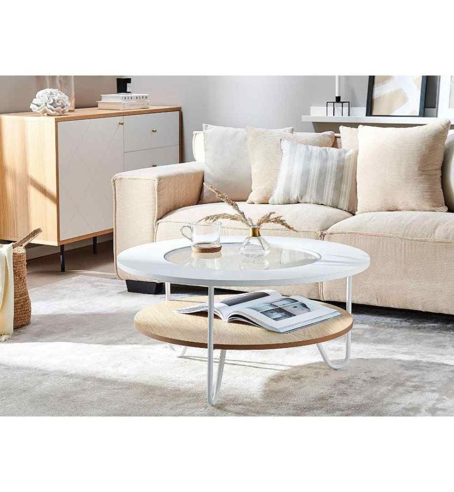 Table Basse au Design Scandinave Ronde en Synthétique et Verre Effet Bois Clair et Blanche pour Intérieur Moderne