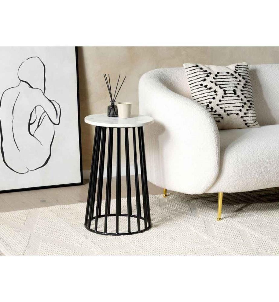 Table d'Appoint Blanc et Noir en Marbre et Métal 58 x 36 cm Base en Cage et Plateau Rond Bout de Canapé Elégant et Moderne
