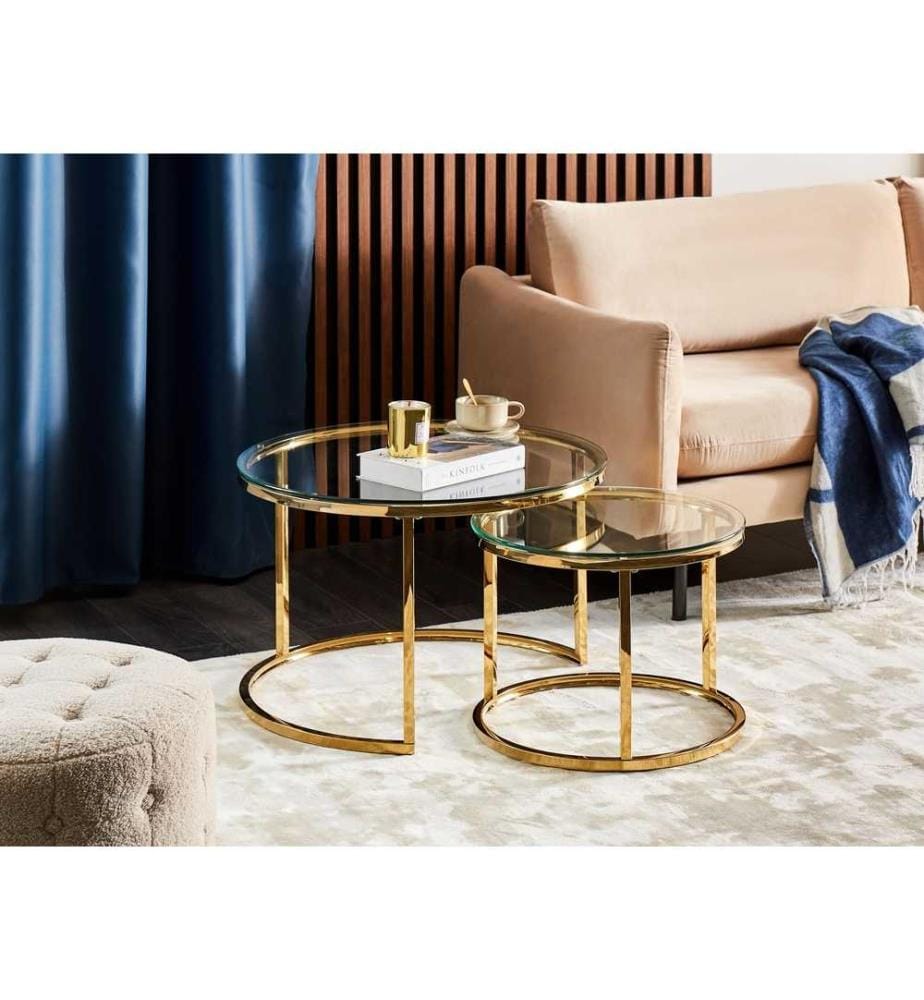 Lot de 2 tables basses GRANGE Verre de sécurité Doré