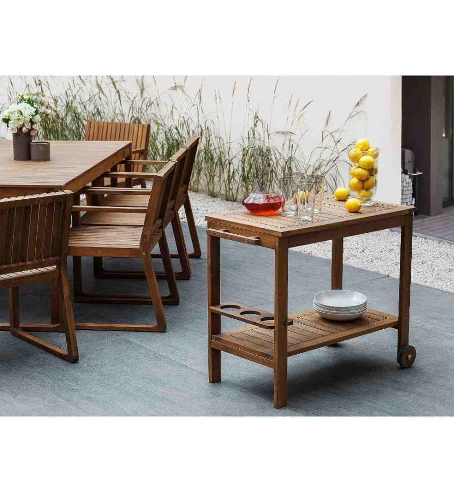 Desserte à Deux roues Chariot Barbecue en Bois d'Acacia Clair Naturel Très Résistant pour Jardin Terrasse ou Balcon au Style Moderne