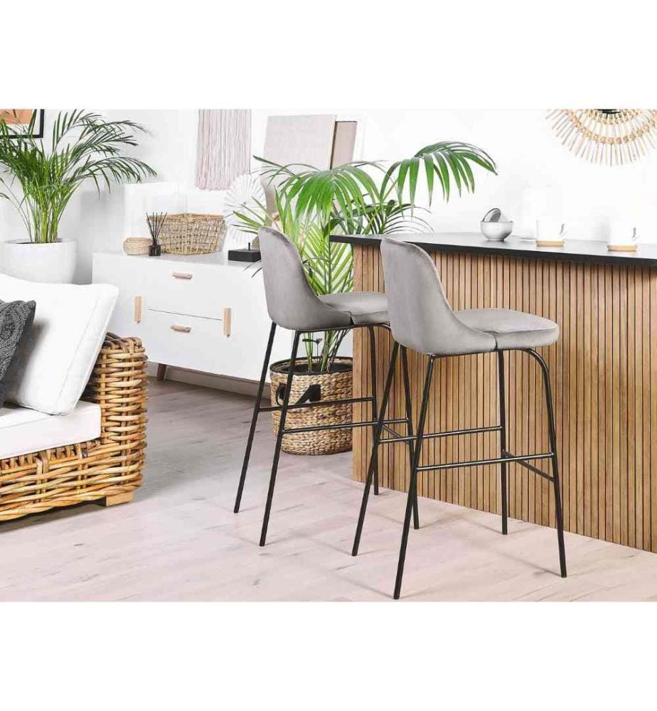 Lot 2 Tabourets Chaises de Bar en Velours Gris avec Pieds Noirs Design Tendance et Confort Optimal pour Cuisine ou Salon Moderne et Glamour