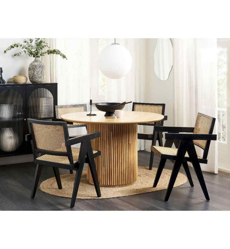 Chaise de Salle à Manger Clair et Noir en Bois d'Acajou et Rotin Tresse Viennoise à Accoudoirs pour Cuisine Moderne