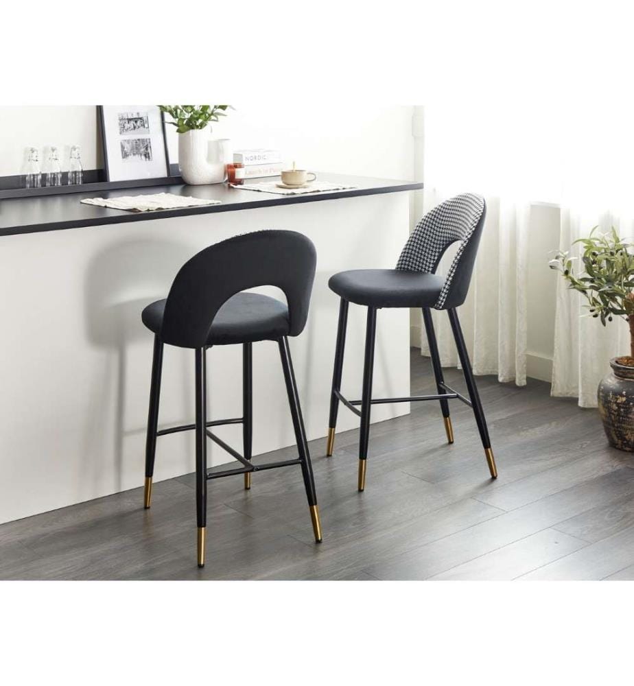 Lot de 2 chaises de bar FALTON Velours Noir/blanc