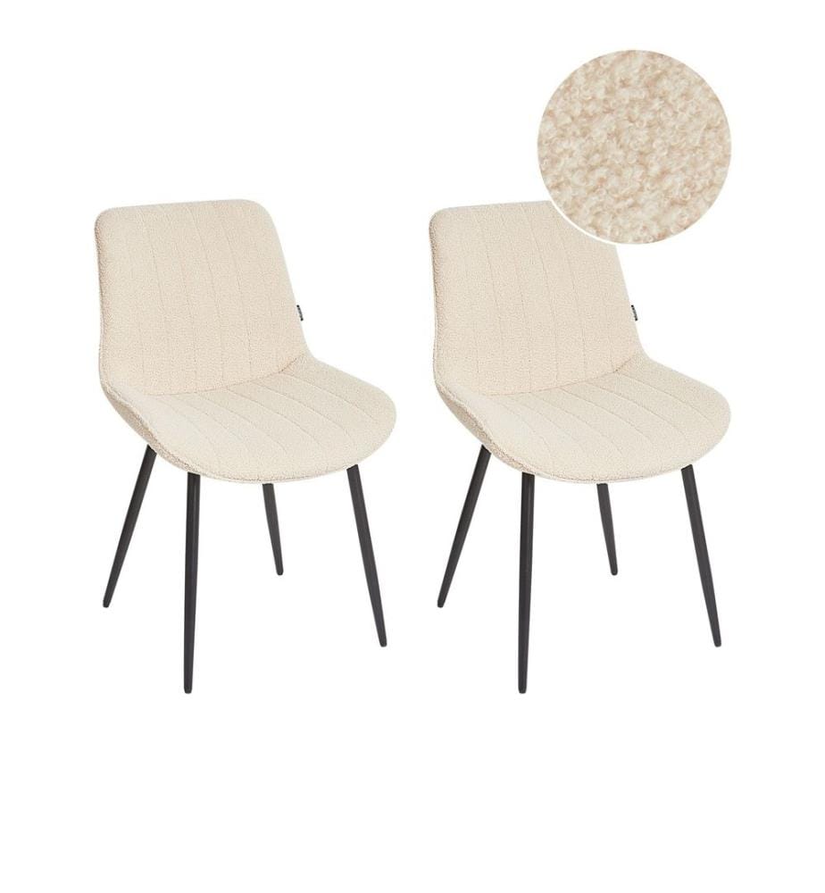Lot de 2 Chaises de Repas Beige Clair Bouclé Sans Accoudoirs Pieds Acier Noir Sièges Salle à Manger Moderne