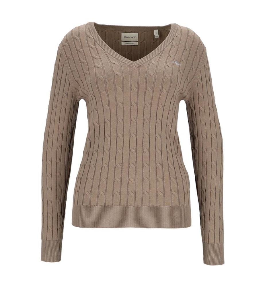 Pull torsadé col V en coton stretch - Beige Taupe