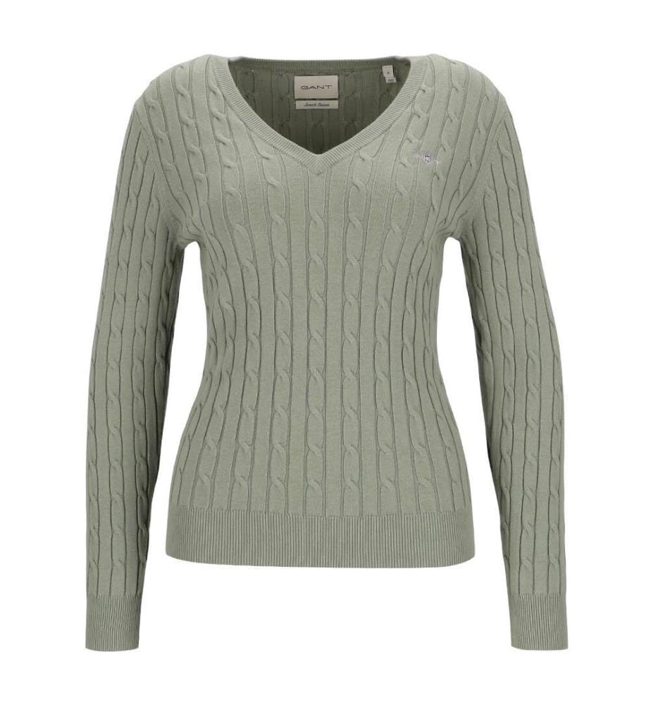 Pull torsadé col V en coton stretch - Vert Sauge Délavé
