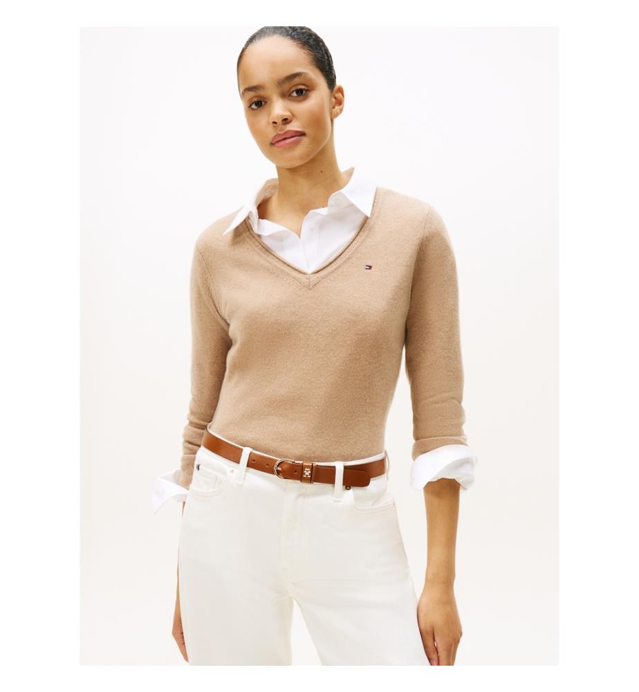 Pull en laine douce à col en V - Beige