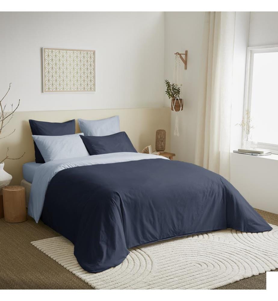 Pack Complet Housse de couette Bicolore 220 x 240 cm & Drap housse 160 x 200 cm - Bleu & Marine