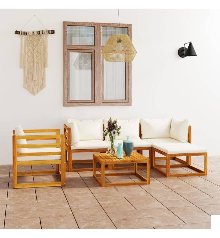 Salon de jardin 6 pcs avec coussin Crème Bois d'acacia solide