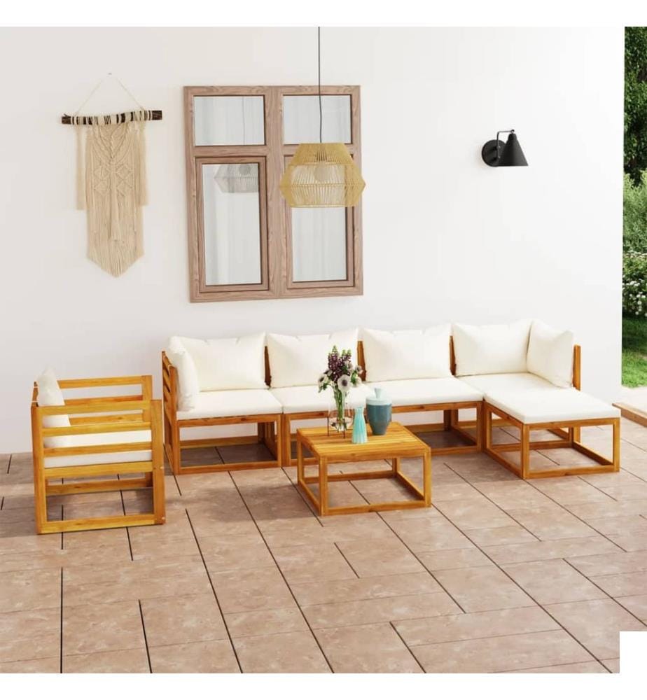 Salon de jardin 7 pcs avec coussin Crème Bois d'acacia solide