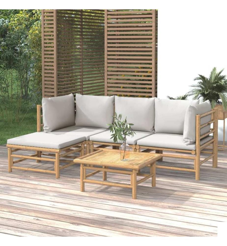 Salon de jardin 5 pcs avec coussins gris clair bambou