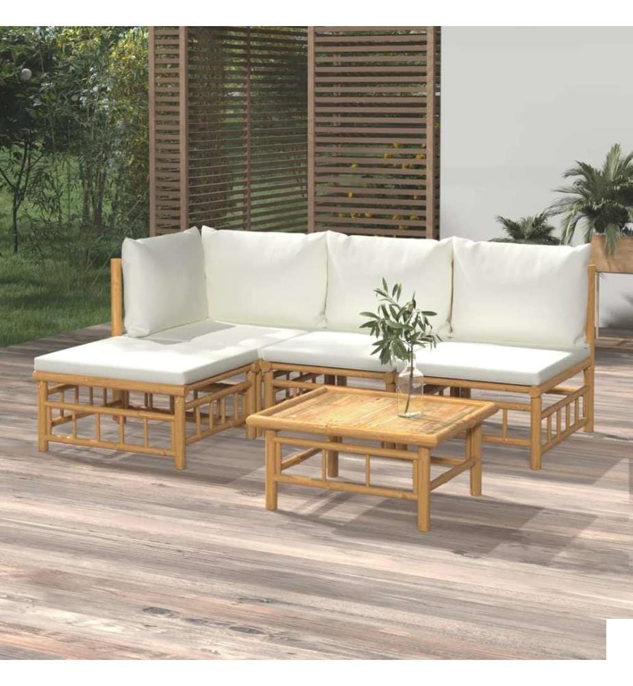 Salon de jardin 5 pcs avec coussins blanc crème bambou