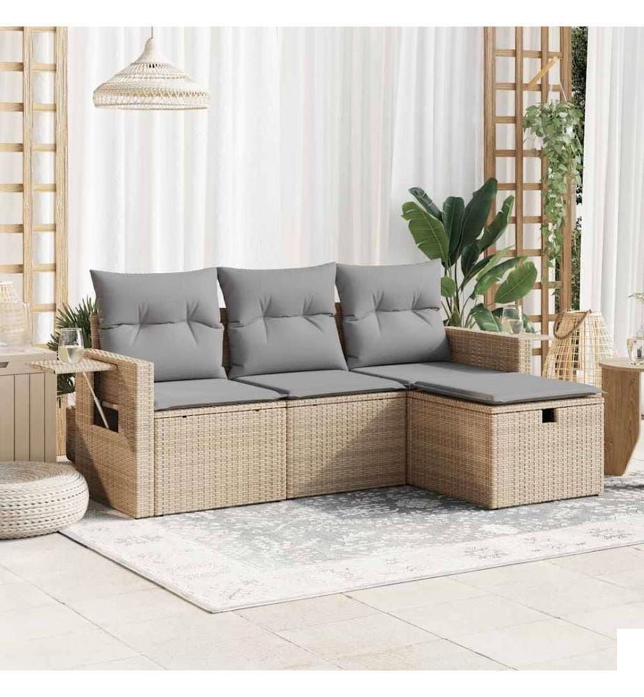 Salon de jardin avec coussins 4 pcs beige résine tressée