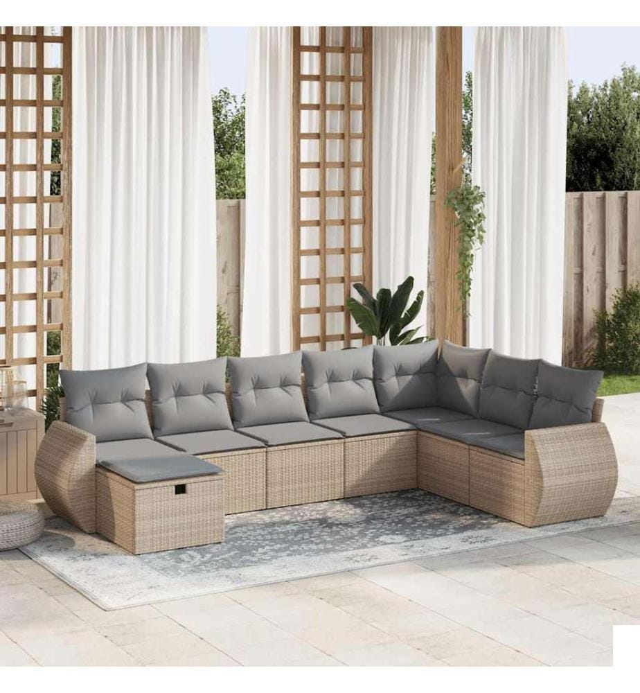 Salon de jardin avec coussins 8 pcs beige résine tressée