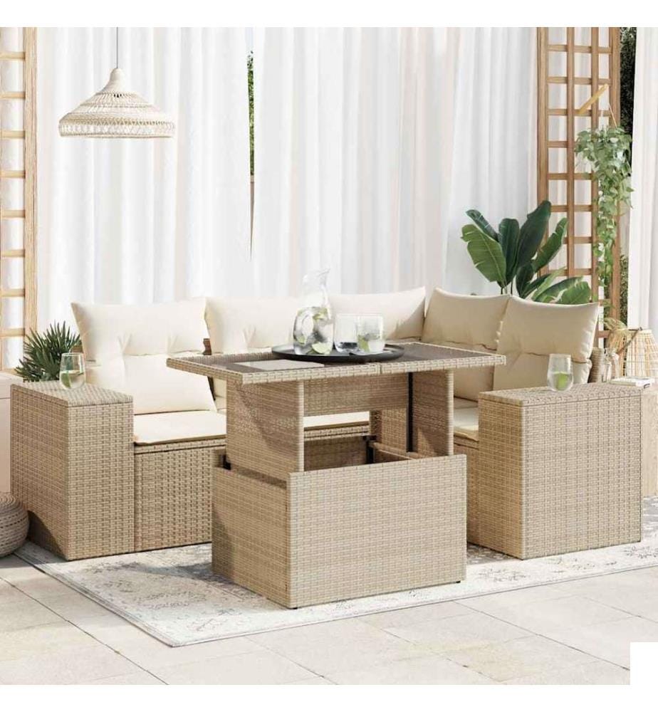 Salon de jardin avec coussins 5 pcs beige résine tressée