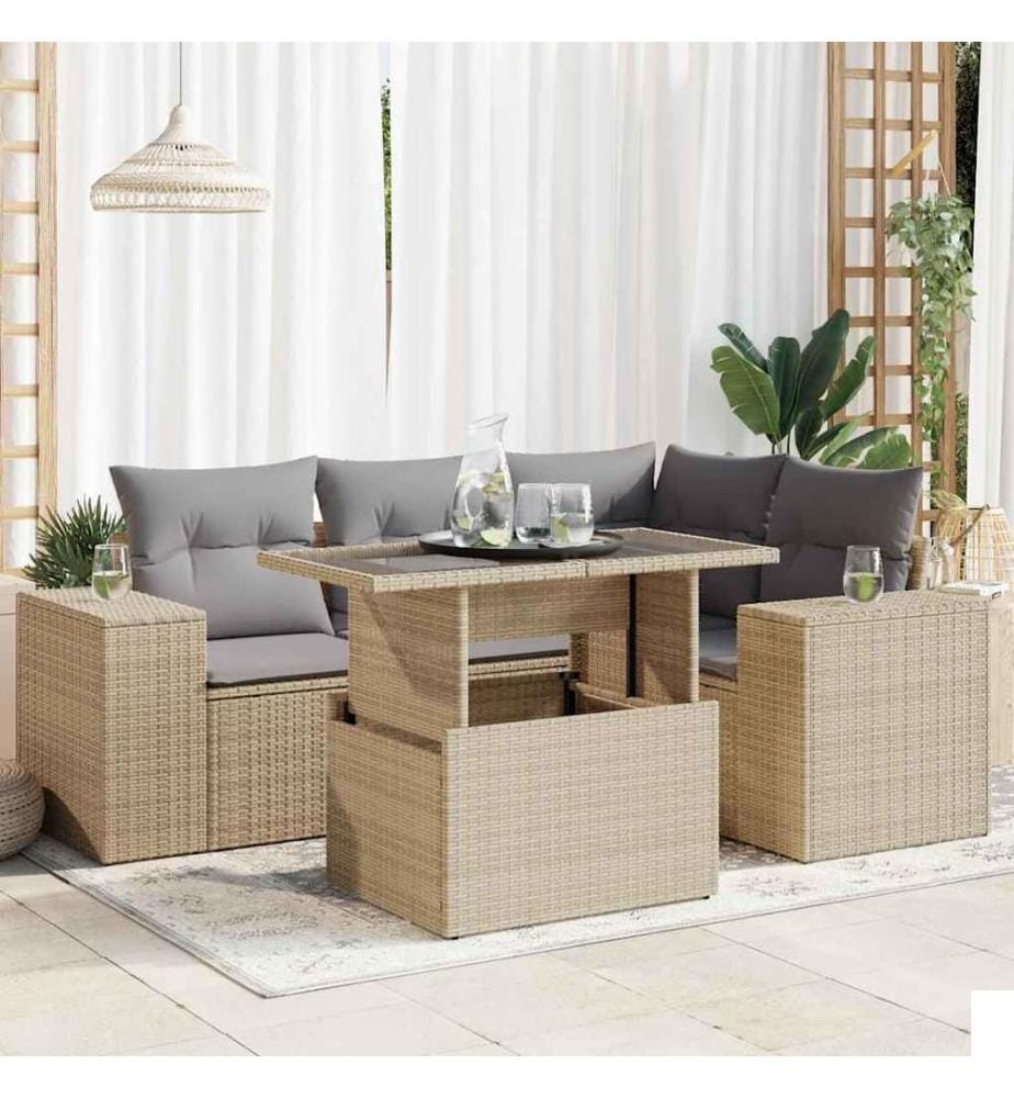 Salon de jardin avec coussins 5 pcs beige résine tressée