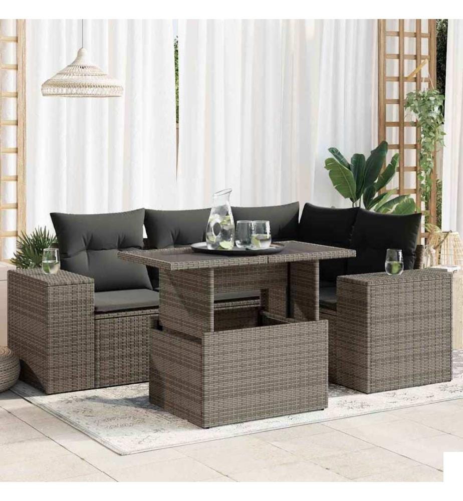 Salon de jardin 5 pcs avec coussins gris résine tressée