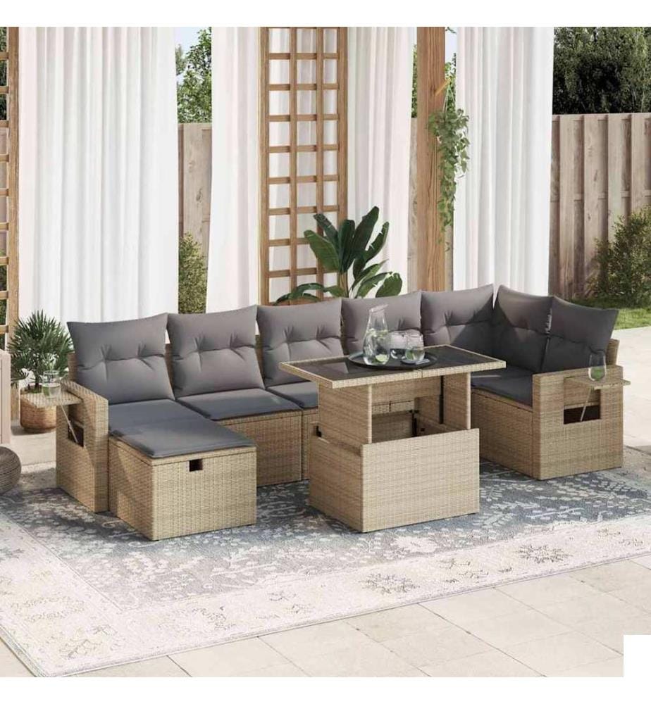 Salon de jardin avec coussins 8 pcs beige résine tressée