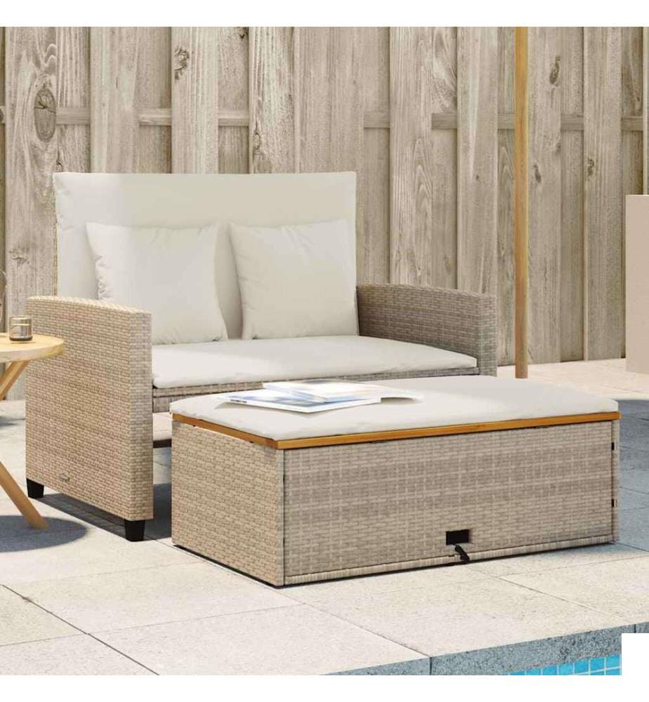 Canapé de jardin 2 places coussins beige résine tressée&acacia;