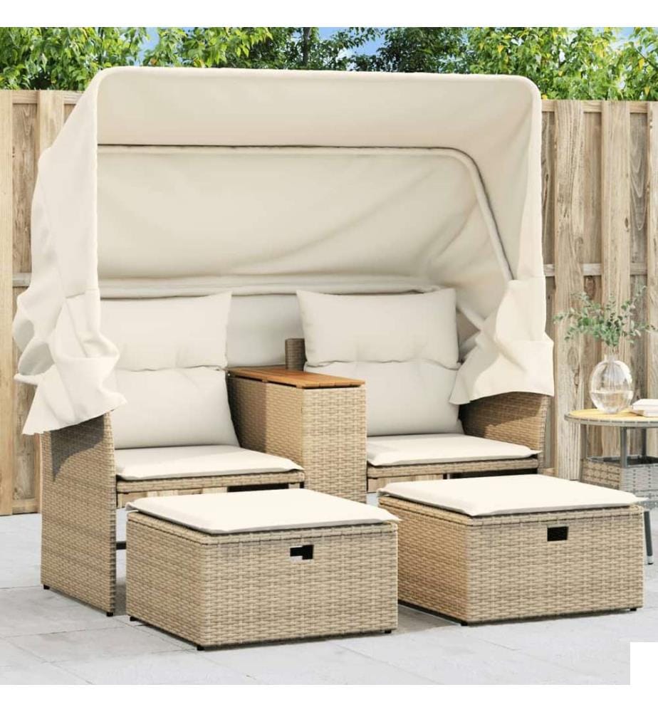 Canapé de jardin 2 places avec auvent et tabourets beige rotin