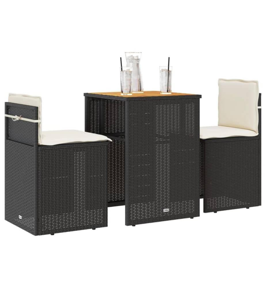 Ensemble de bistro 3 pcs avec coussins noir résine tressée