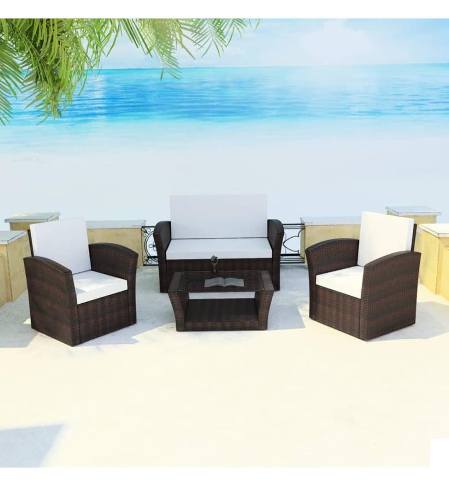 Salon de jardin 4 pcs avec coussins Résine tressée Marron