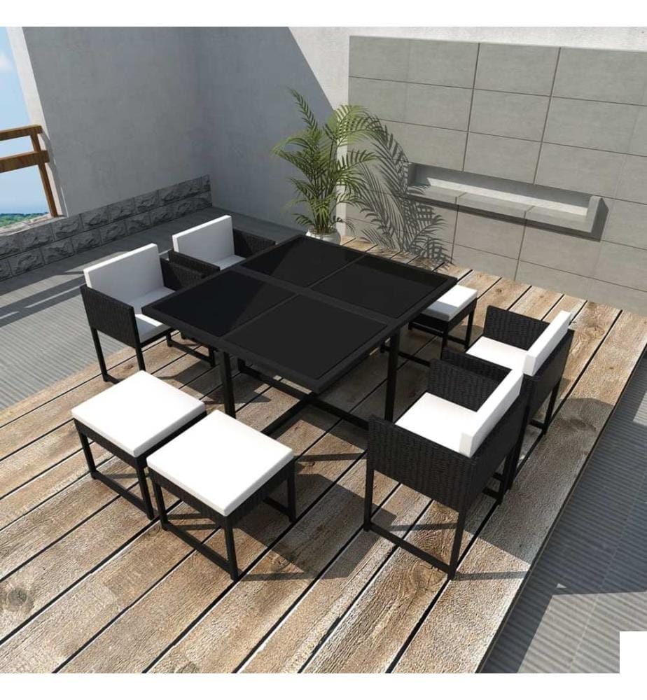 Ensemble à manger d'extérieur 9pcs coussins Résine tressée Noir