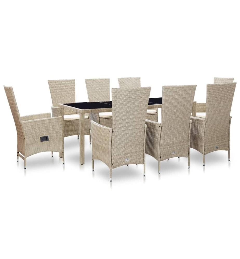 Ensemble à manger d'extérieur et coussins 9 pcs résine tressée