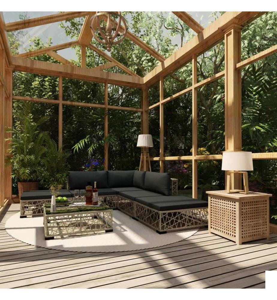 Salon de jardin 6 pcs avec coussins résine tressée gris