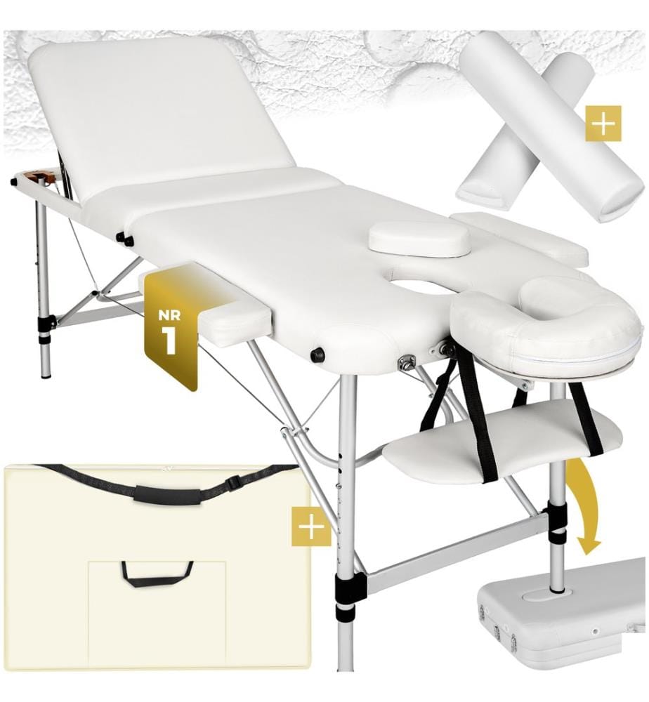 Table de massage 3 zones avec rembourrage de 5 cm et châssis en aluminium et rouleaux - blanc