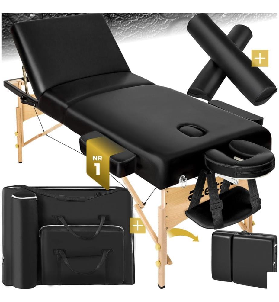 Ensemble de table de massage à 3 zones Somwang avec rembourrage de 7,5 cm dépaisseur, rouleaux et cadre en bois - noir