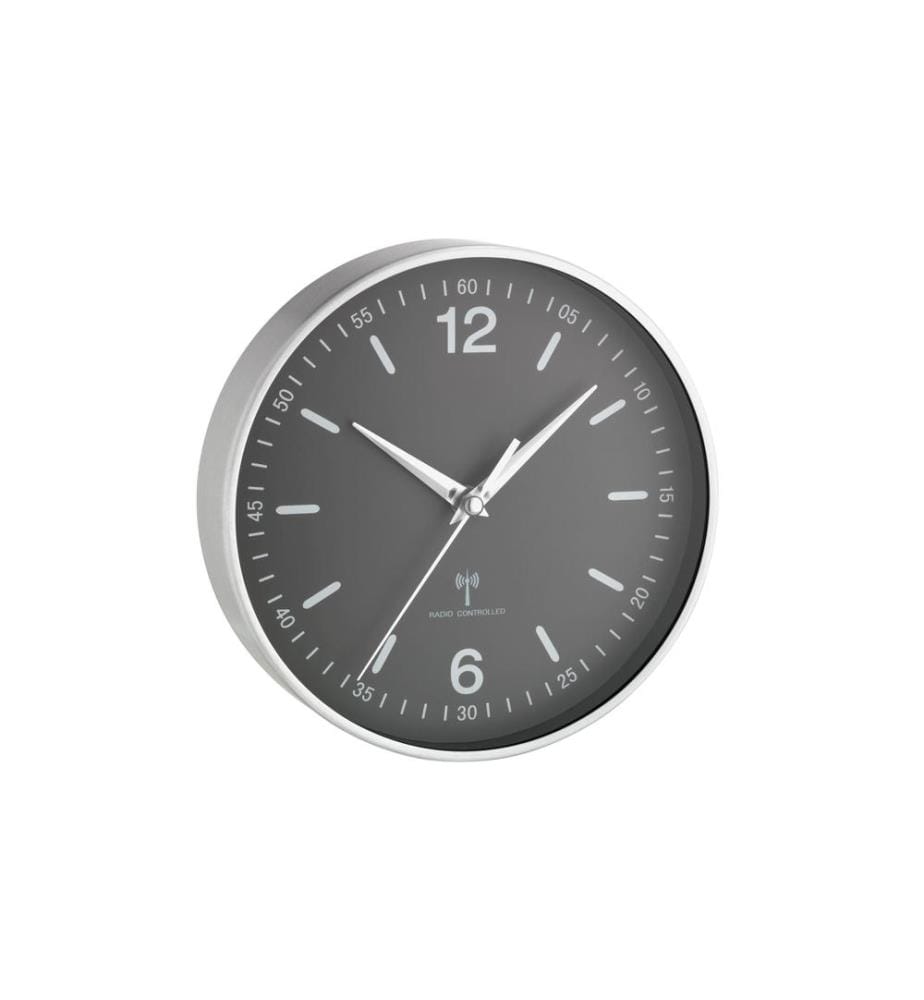 TFA DOSTMANN - Horloge murale radio avec cadre en aluminium 19,5 cm, Noir/Argenté