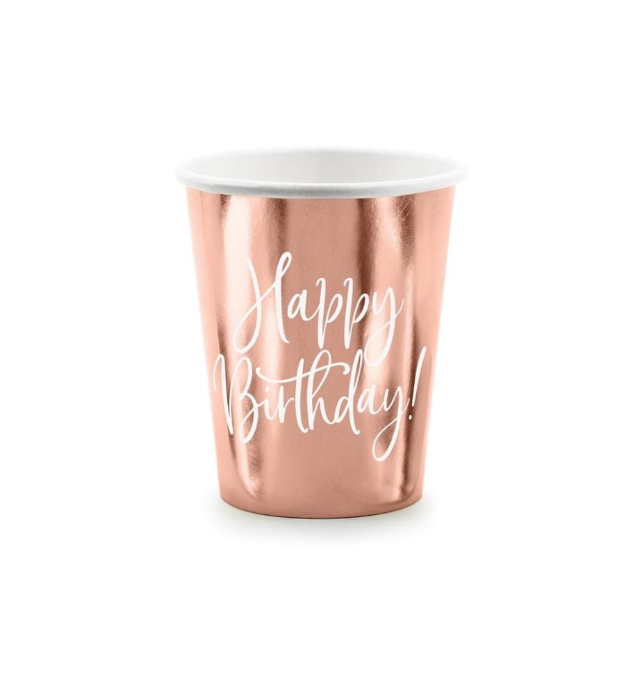 PARTYDECO - Gobelets jetables Happy Birthday 260 ml, 6 Pièce/s, Or rose