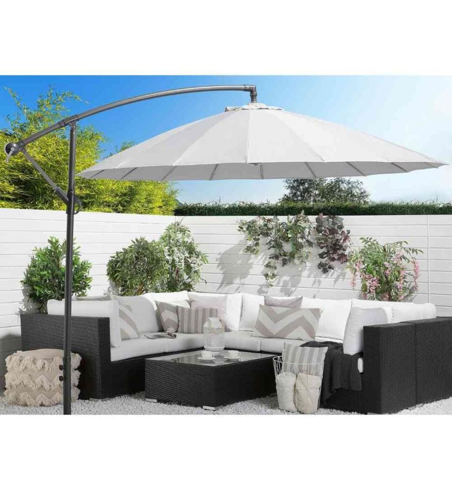 Parasol de Jardin ou Terrasse Gris Clair avec Pied Déporté, Diamètre 268 cm Toile anti UV et Mécanisme d'Ouverture Facile avec Manivelle