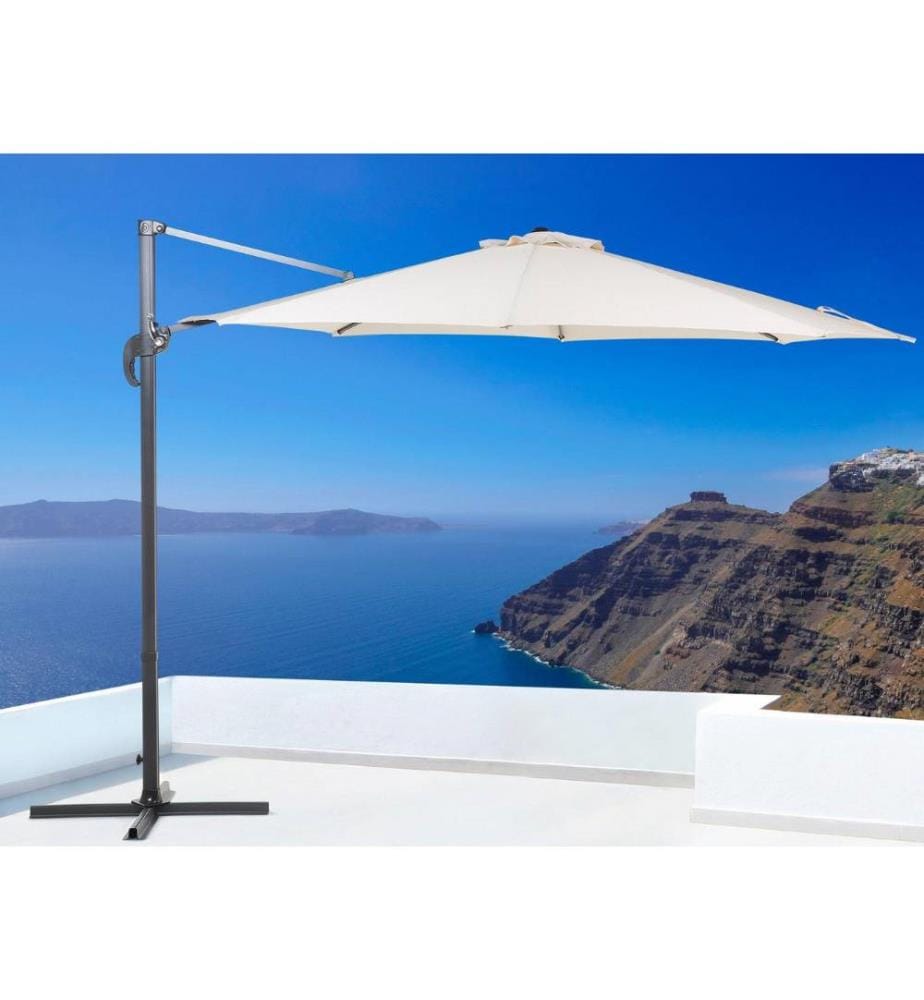 Grand Parasol de Jardin ou de Terrasse Beige Clair avec Pied Déporté Noir, Diamètre 300 cm Toile anti UV et Mécanisme d'Ouverture Facile