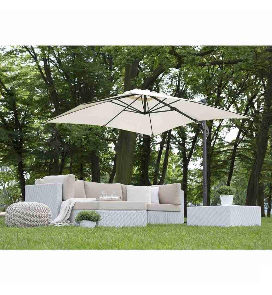 Parasol de Jardin ou de Terrasse Carré Beige Clair avec Pied Déporté Noir, Toile 250 x 250 cm cm Anti UV et Rotation à 360°
