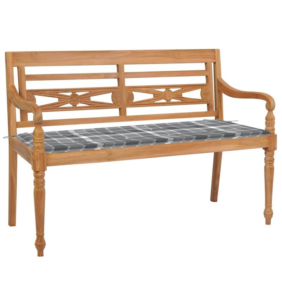 Banc Batavia avec coussin à carreaux gris 120 cm Bois de teck