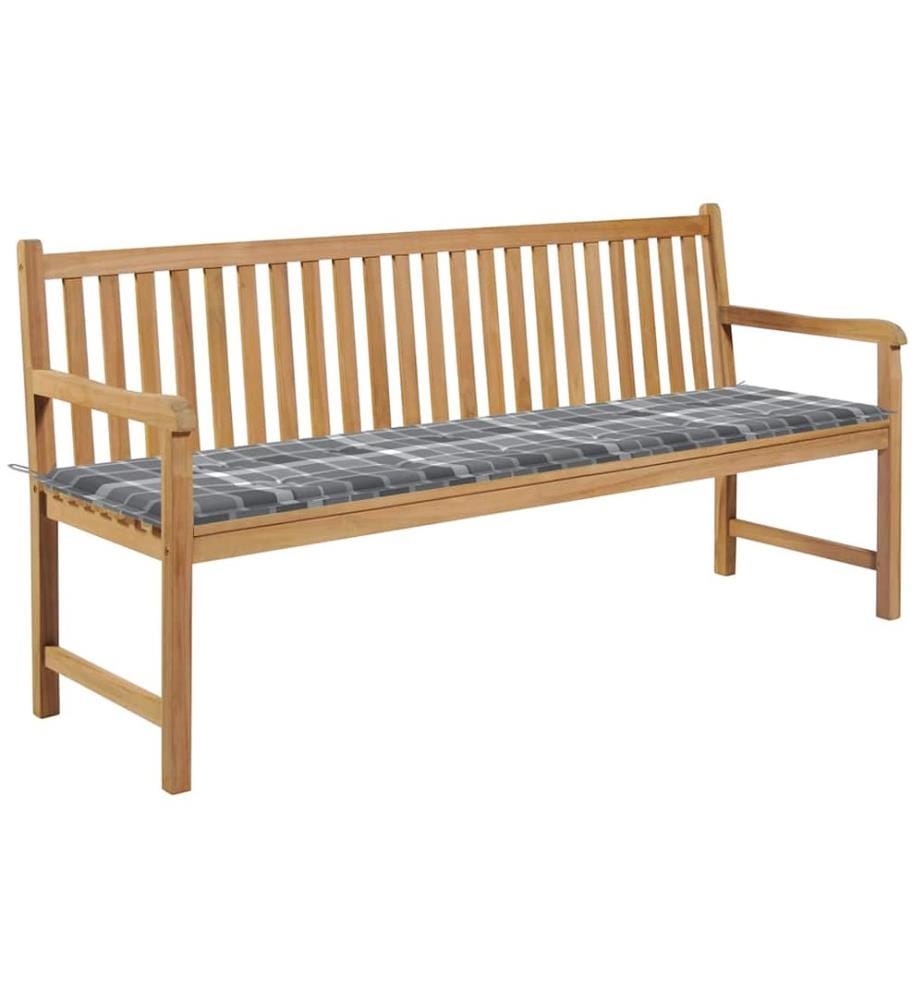 Banc de jardin avec coussin à carreaux gris 175 cm Teck massif