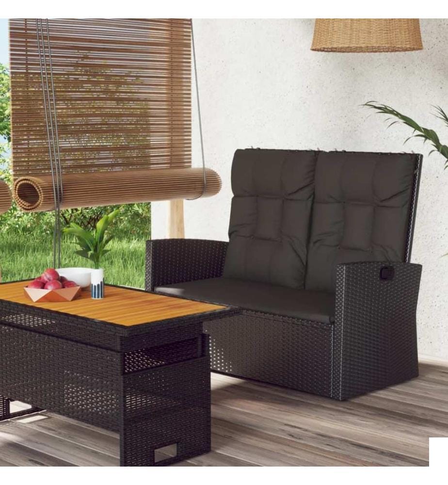 Banc de jardin inclinable et coussins noir 118cm résine tressée