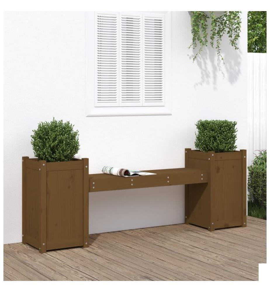 Banc avec jardinières marron miel bois massif de pin