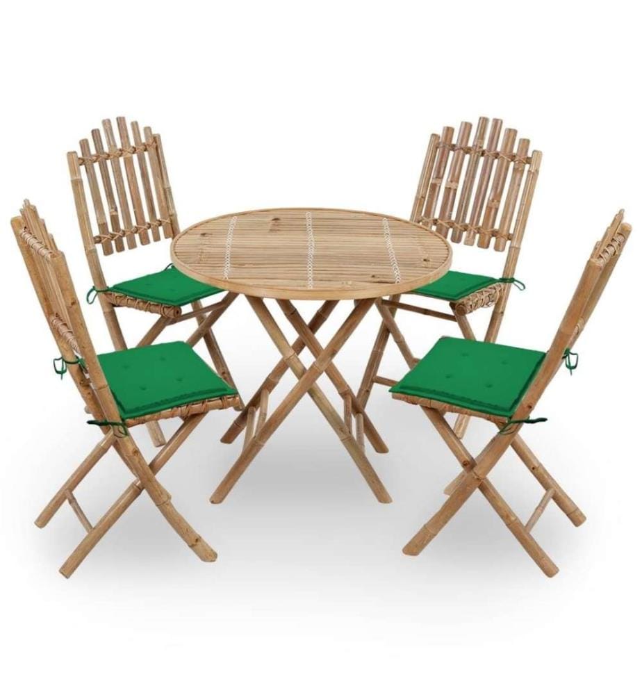 Mobilier à dîner d'extérieur pliable 5 pcs avec coussins Bambou